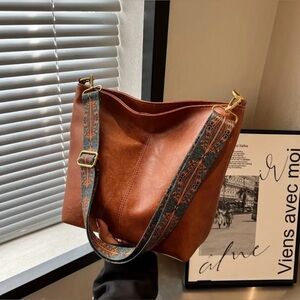 Brown Vegan Leather Tote Bag with Beautiful Patterned Guitar Strap